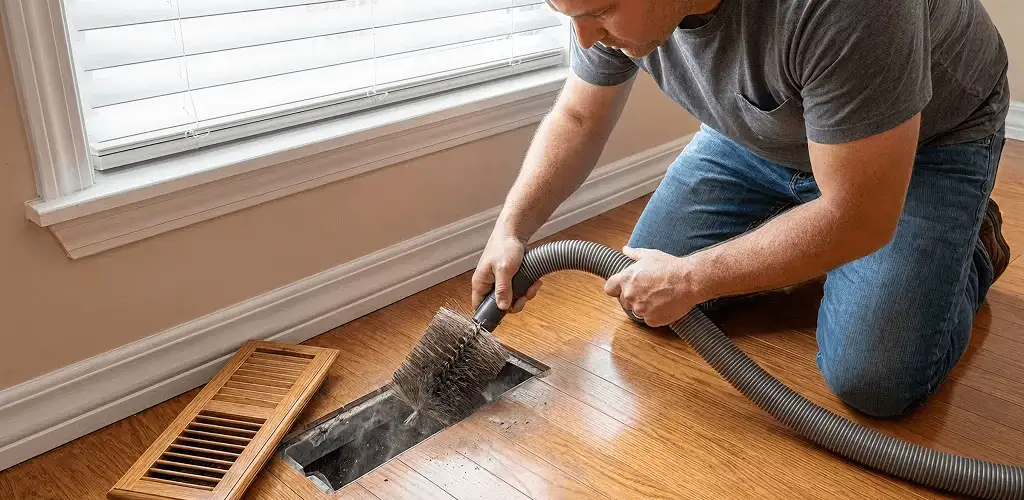 Air duct cleaning technician vacuuming a floor vent and duct opening in Grand Rapids, MI