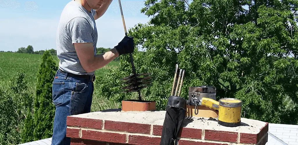Chimney cleaning technician working on a rooftop chimney with professional tools in Grand Rapids, MI