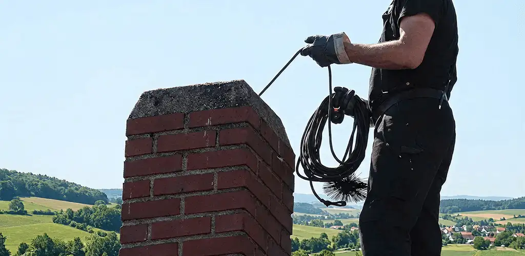 Chimney sweep inspecting and cleaning a rooftop chimney in Grand Rapids, MI