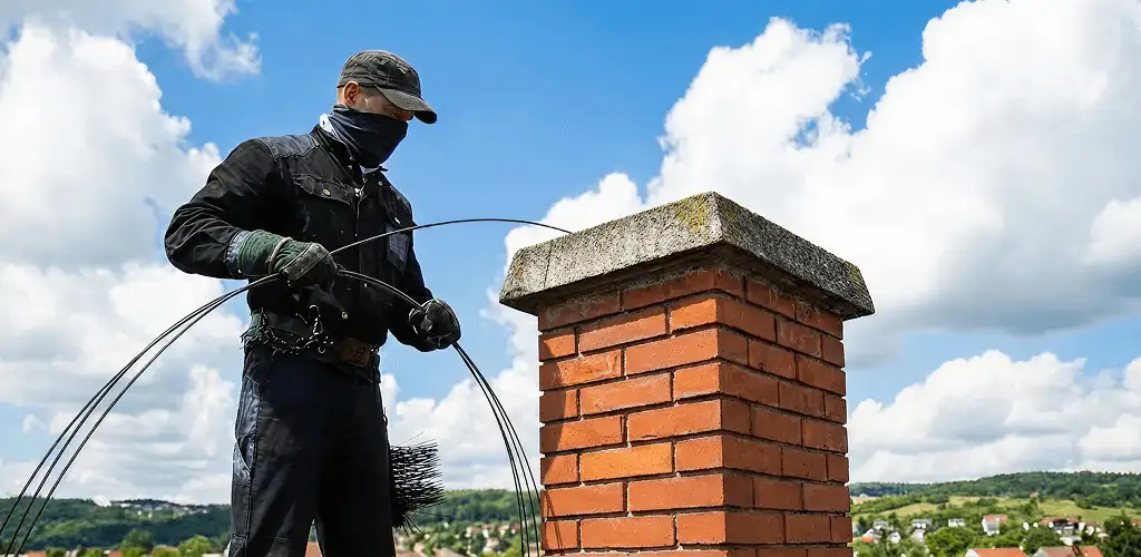 Chimney sweep cleaning a brick chimney with professional tools in Grand Rapids, MI