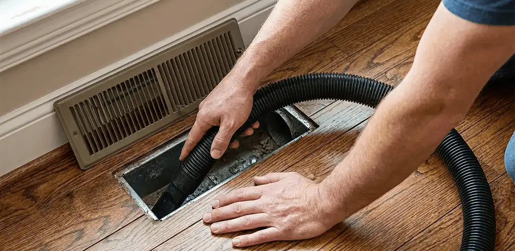 Air duct cleaning technician vacuuming a floor register and duct opening in Grand Rapids, MI