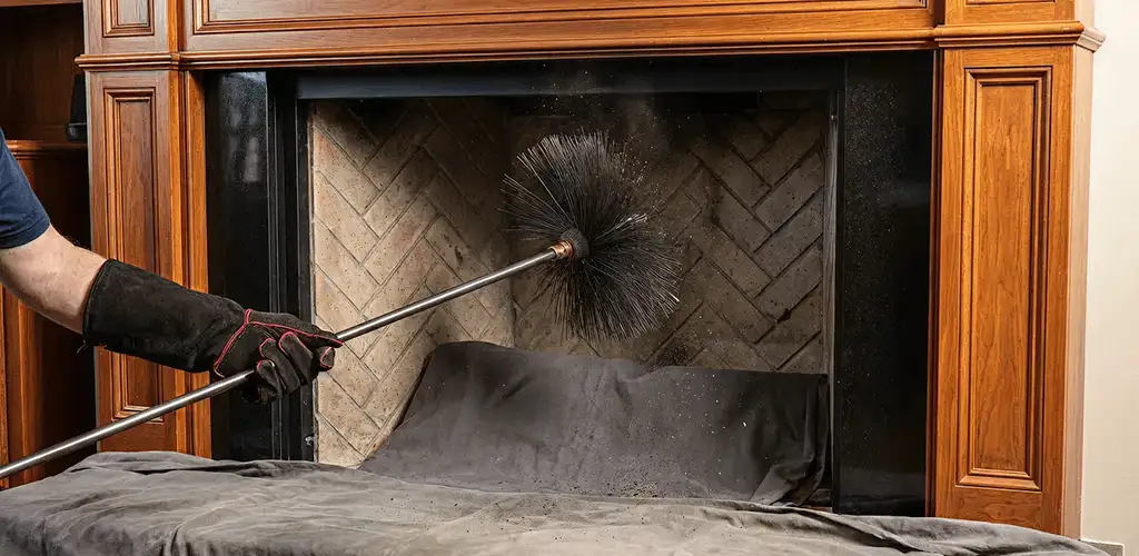 Chimney cleaning service brushing soot from a fireplace and flue in Grand Rapids, MI