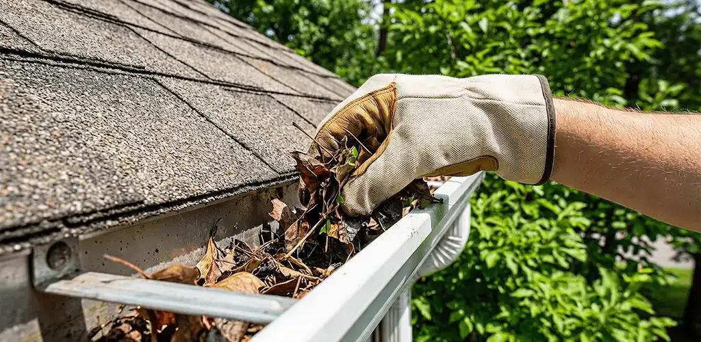 Gutter cleaning removing leaves and debris from roof gutters in Grand Rapids, MI