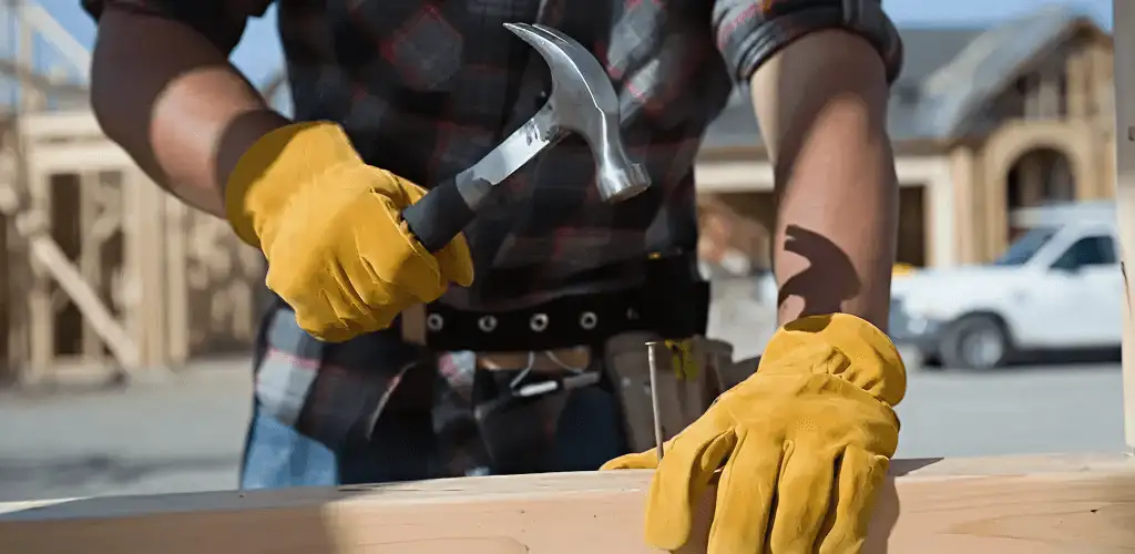 Handyman fixing wood trim with a hammer for home repairs in Grand Rapids, MI