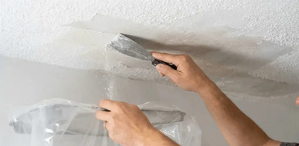 Popcorn ceiling removal technician scraping texture from a ceiling in Grand Rapids, MI