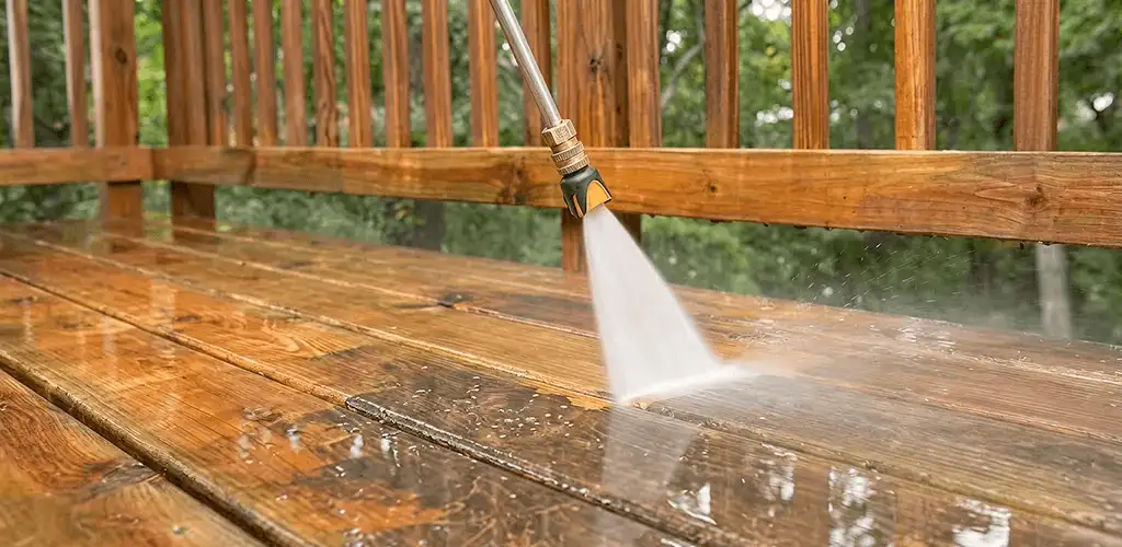 Pressure washing a wood deck to remove dirt and buildup in Grand Rapids, MI