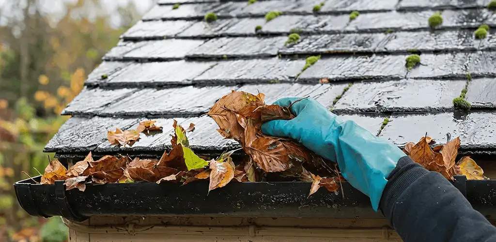 Gutter cleaning technician clearing wet leaves from roof gutters in Grand Rapids, MI