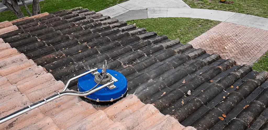 Roof pressure cleaning removing debris and buildup from roof tiles in Grand Rapids, MI