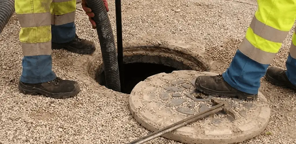 Drain cleaning crew clearing a sewer access point with professional equipment in Grand Rapids, MI