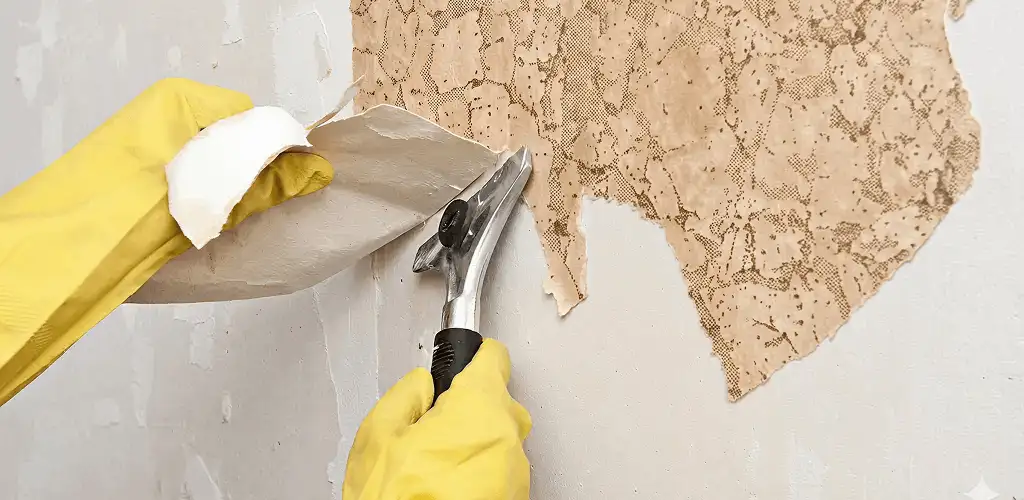 Wallpaper removal service stripping old wallpaper from a wall in Grand Rapids, MI