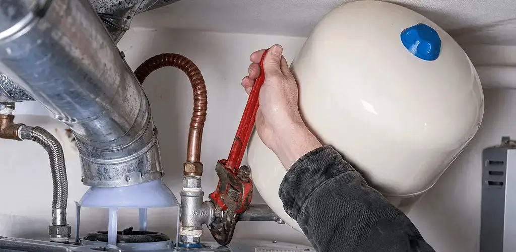 Water heater repair technician tightening plumbing connections near a tank unit in Grand Rapids, MI